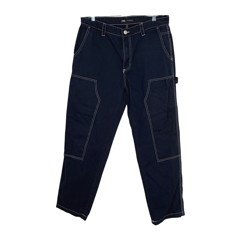 Zara Man Dark Blue Contrast Stitch Double Knee Carpenter Pants Mens 34 Utility